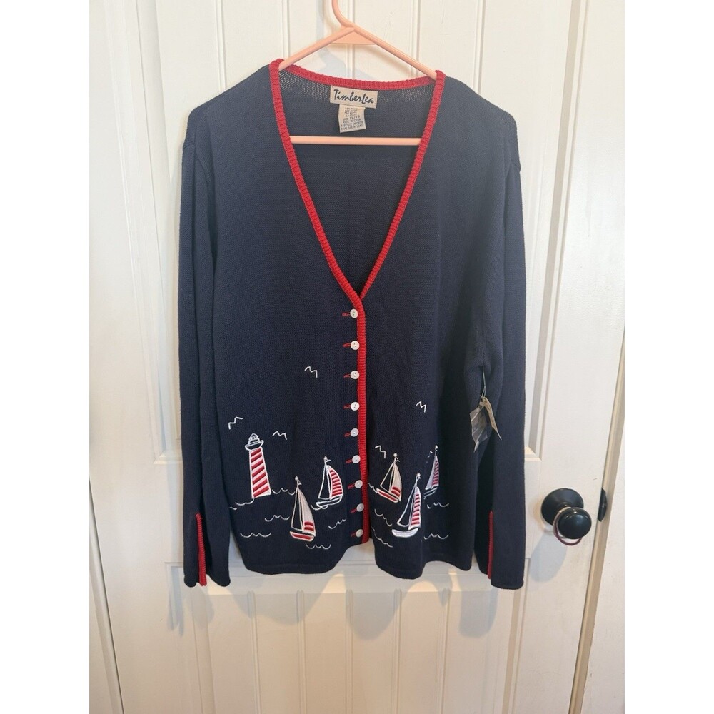NWT Timberlea Women’s XL Navy Nautical Sailboat Embroidered Cardigan Red Trim